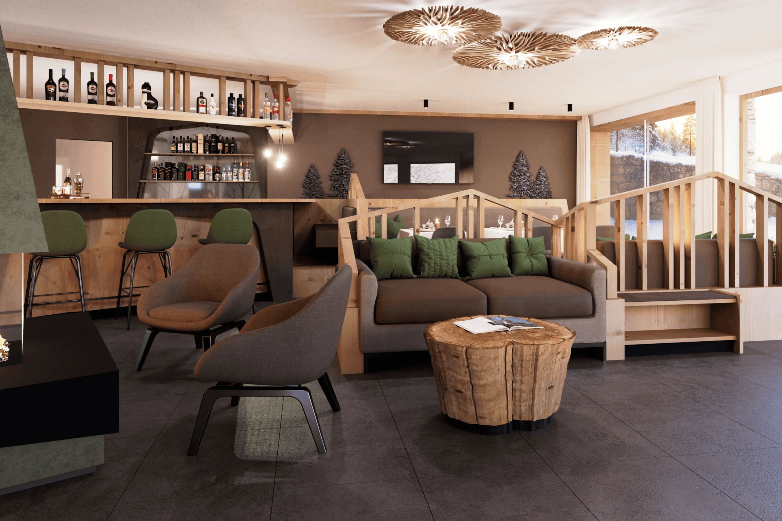 New lounge bar at Hotel La Müda with fireplace and comfortable sofas, perfect for relaxing with company and enjoying a drink or a glass of wine.