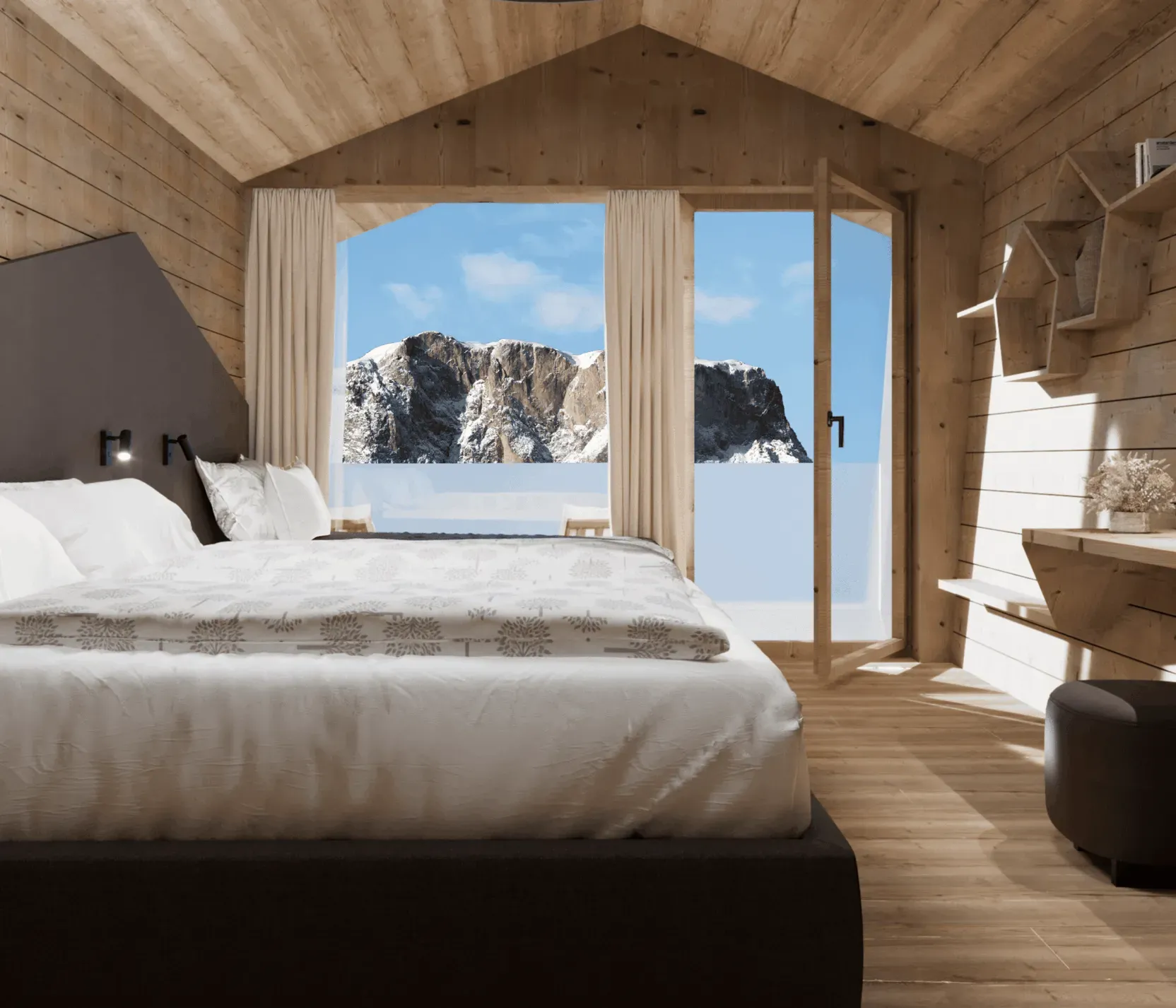 Wooden chalet room with a view of the Gardenaccia massif, cozy and bright.