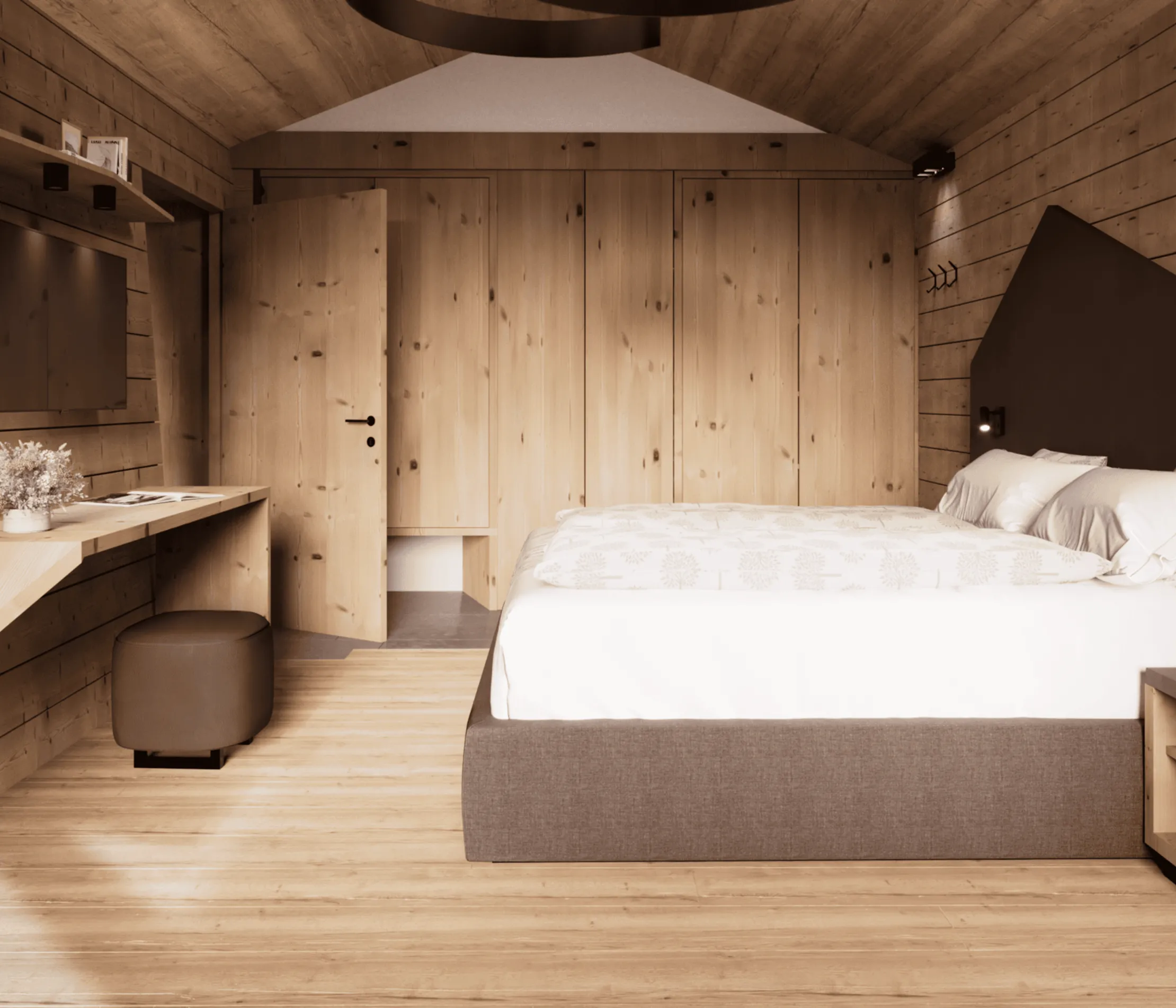 Wooden room at Hotel La Müda, bathed in natural light from the windows, cozy and warm.