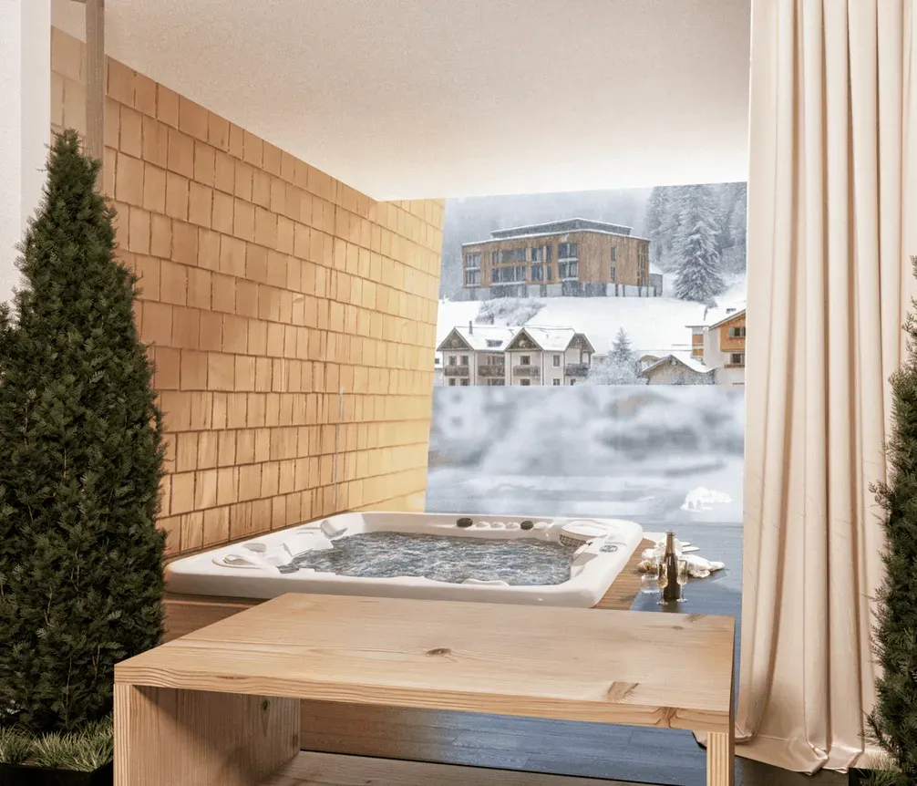 Panoramic whirlpool in the private spa with views of the Dolomites.