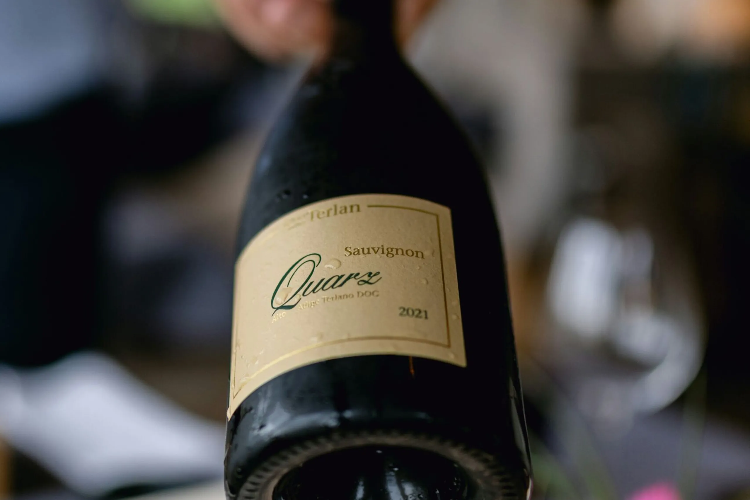 Bottiglia di vino Sauvignon Quarz del 2021, con etichetta beige, tenuta da una mano in primo piano, sfondo sfocato di ambiente interno.