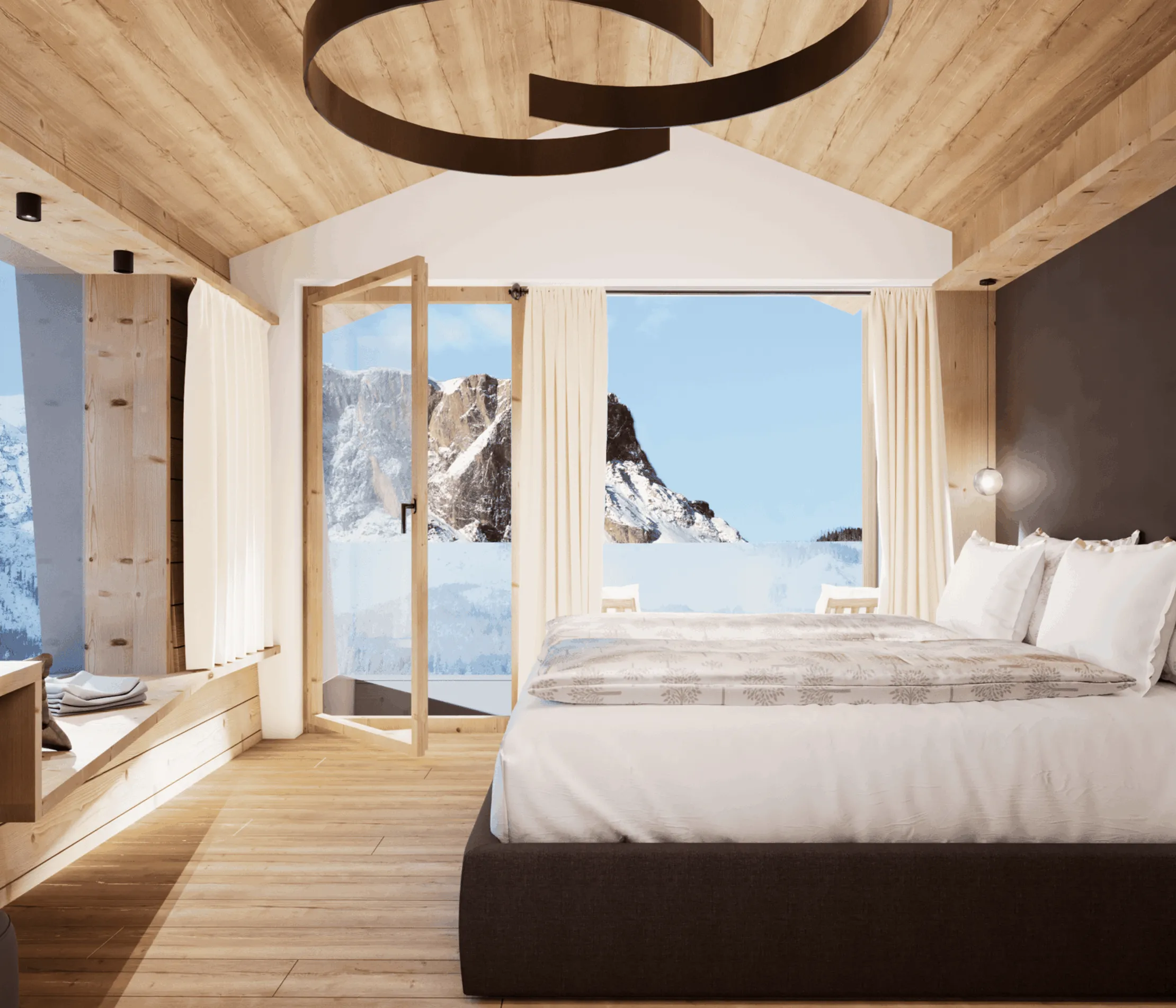 Stanza con mobili in legno chiaro, letto con biancheria bianca, finestra con vista su montagne innevate e neve, decorazioni minimaliste e luci soffuse.