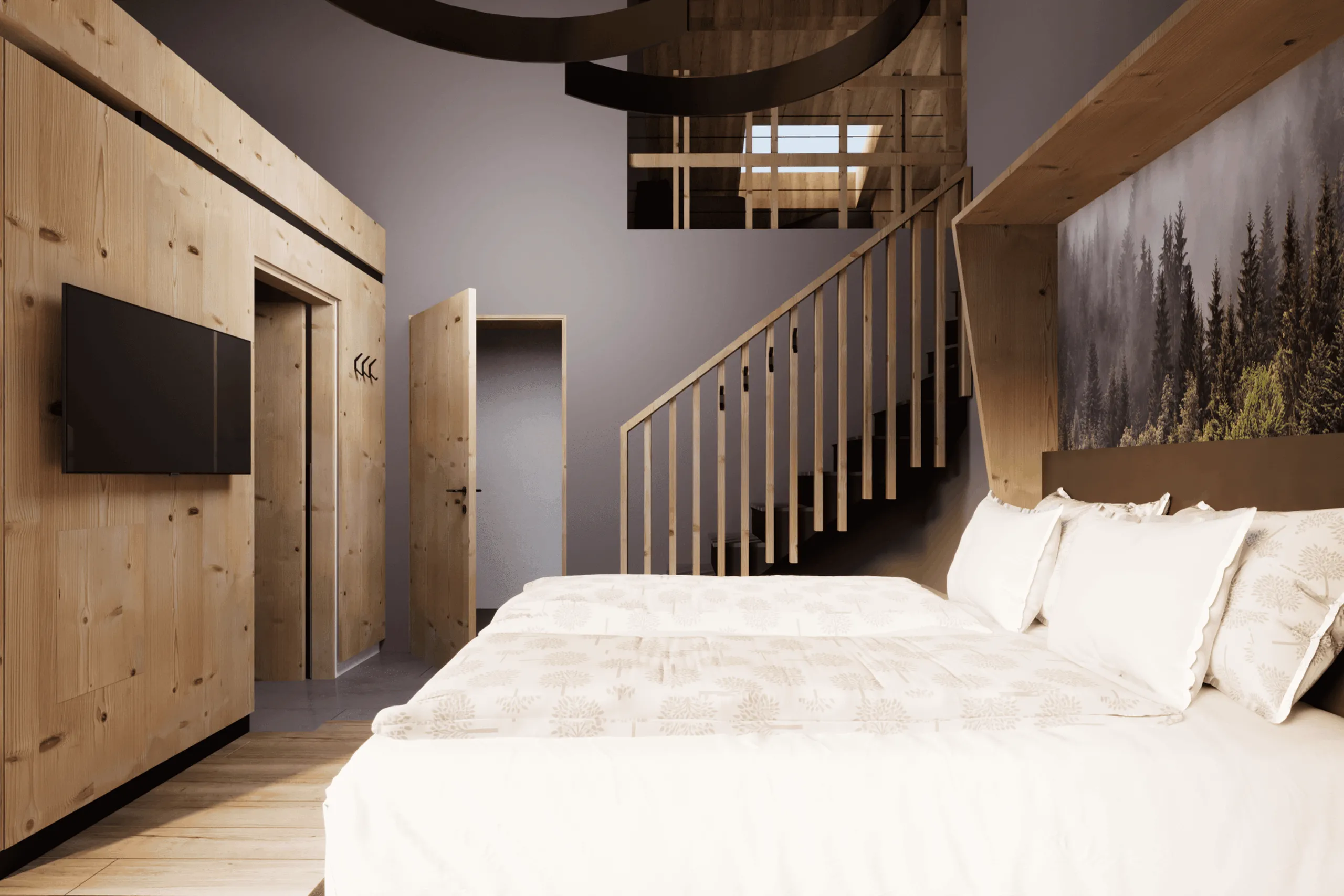 Ein modern eingerichtetes Hotelzimmer mit Holzverkleidungen, einem großen Bett mit weißen Bettwäsche, einer Wand mit Baumdruck und einer Treppe im Hintergrund.